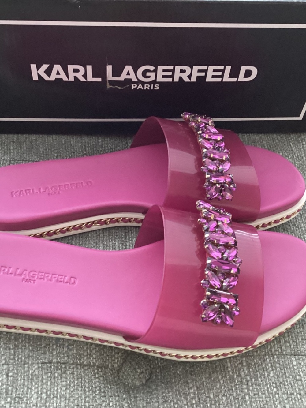 KARL LAGERFELD PARIS Women's Bijou Embellished Slide Sandals - Picture 11 of 16